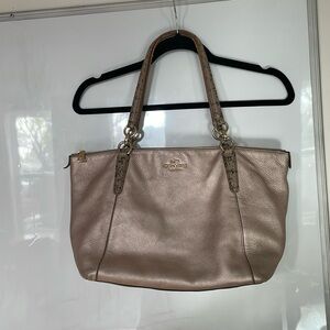 COACH Metallic Rose Gold Pebble Leather Exotic Python Trim Ava Tote Bag